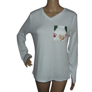 Pajama Top Womens Size Small white v-neck long sleeve floral pocket cotton